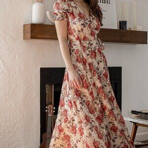 NWT Lulus Beautiful Interlude Beige Floral Print Jacquard Wrap Maxi Dress -Sz SM
